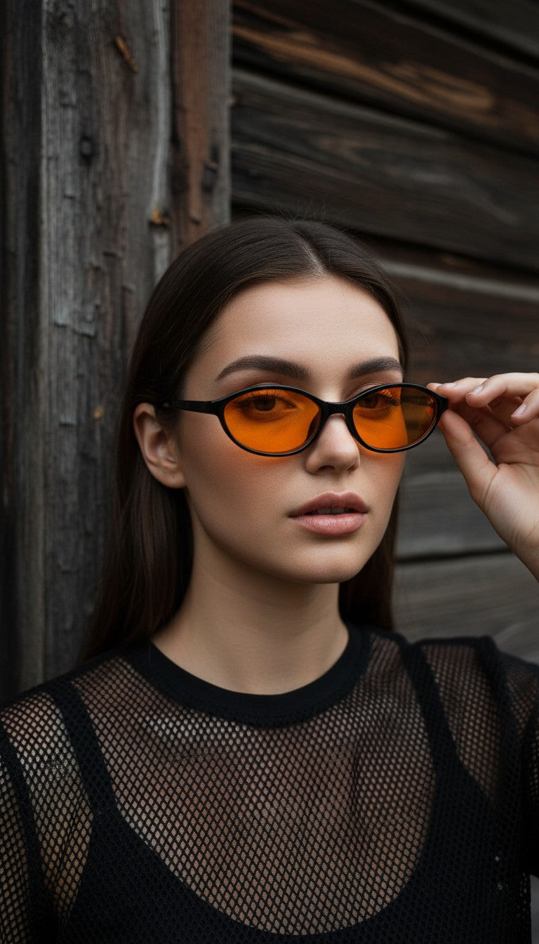 A woman wearing black-framed sunglasses with vibrant orange tinted lenses, holding one lens with her hand against a rustic dark wood background.
