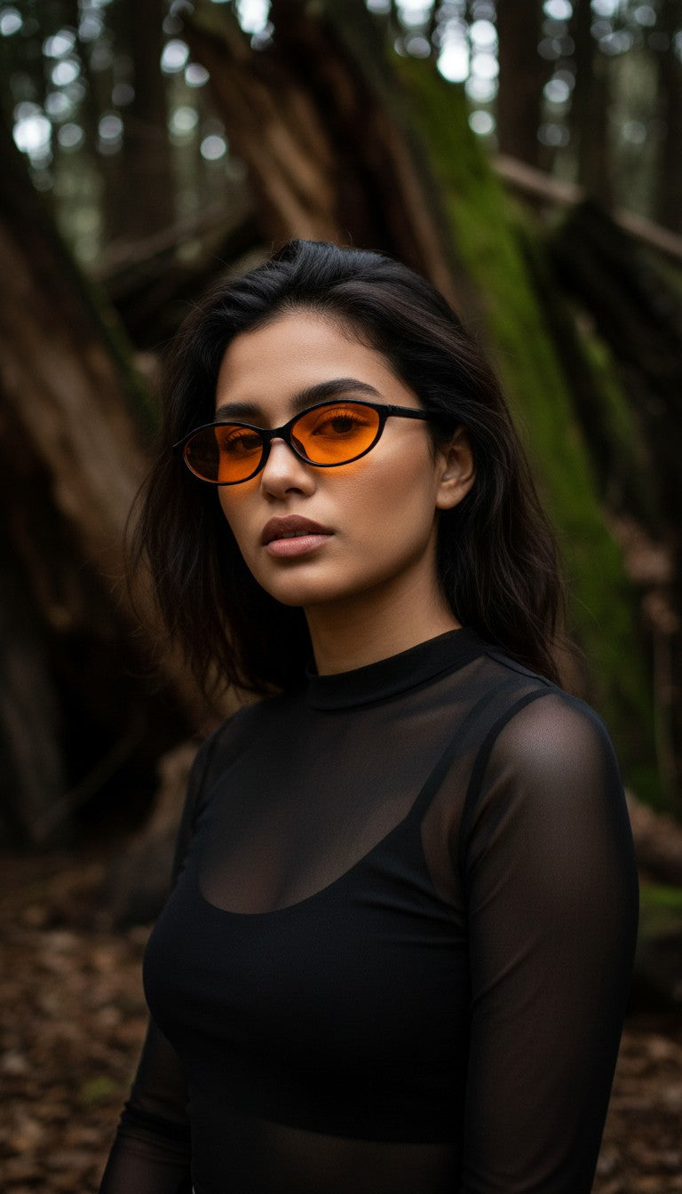 A woman with dark hair wearing black cat-eye sunglasses with orange-tinted lenses and a sheer black long-sleeve top, standing in a forest.