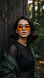 A woman wearing orange-tinted aviator sunglasses, a black mesh top, and an olive green jacket, posing outdoors against a dark wooden wall with a blurred forest background.
