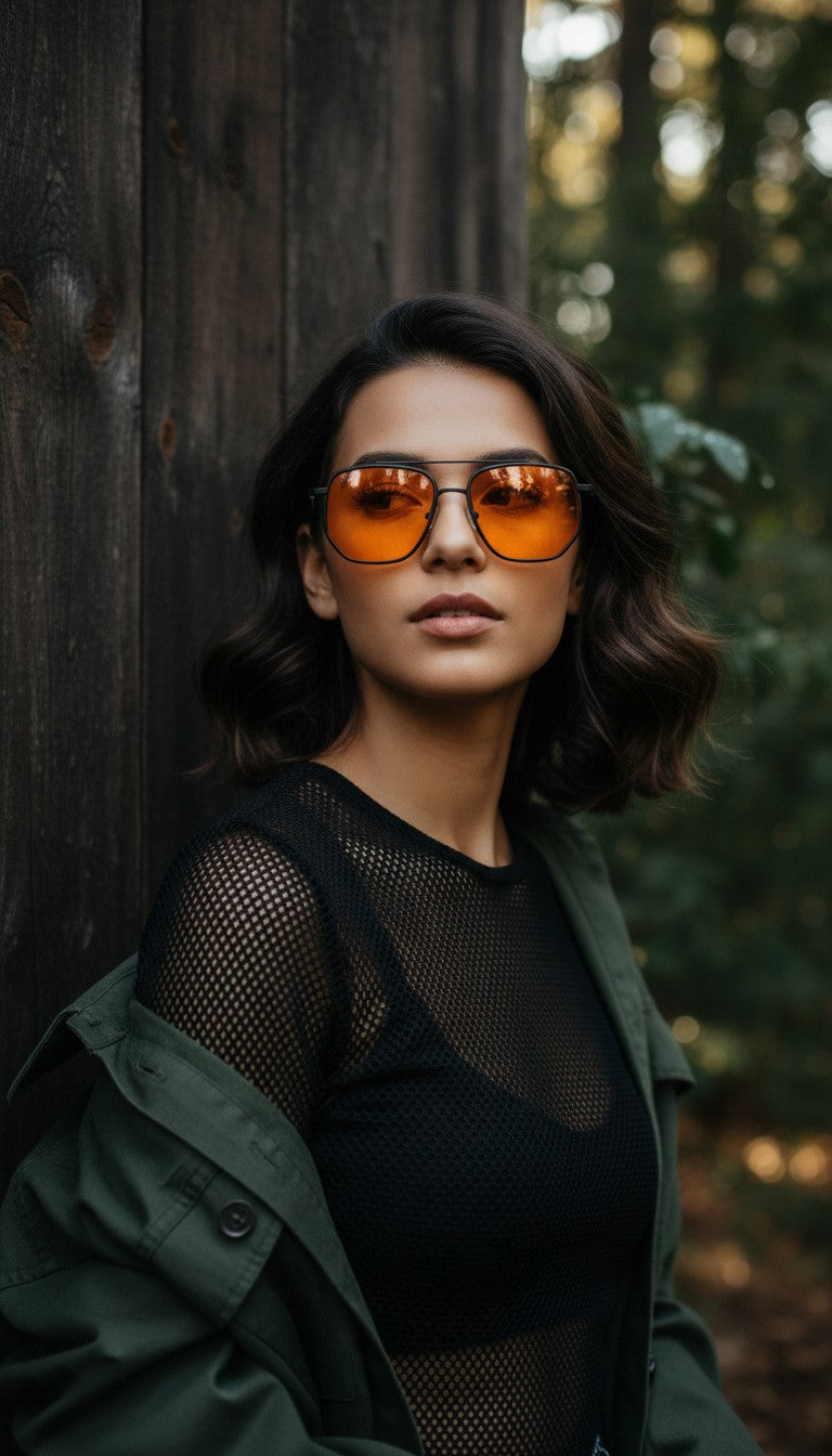 A woman wearing orange-tinted aviator sunglasses, a black mesh top, and an olive green jacket, posing outdoors against a dark wooden wall with a blurred forest background.