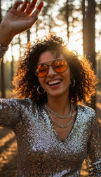 A smiling woman outdoors in a sunlit forest wearing reflective silver sequin clothing, chunky silver hoop earrings, layered silver necklaces, and orange-tinted aviator sunglasses.