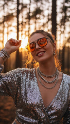 A woman outdoors in a forest at sunset wearing reflective silver sequin clothing, layered silver chain necklaces, bracelets, and orange-tinted sunglasses.