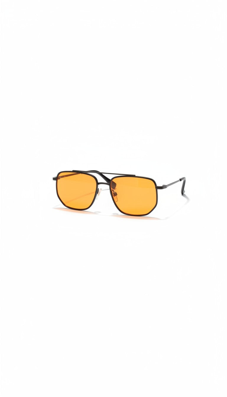 A pair of square aviator-style sunglasses with a thin black metal frame and vibrant orange-yellow lenses, shown on a plain white background.