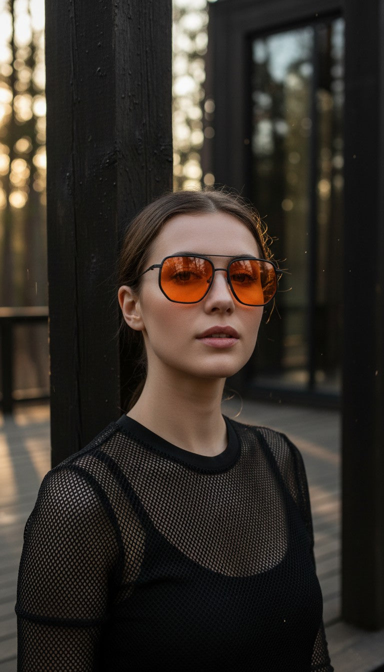 A woman wearing aviator-style sunglasses with orange-tinted lenses and dark metal frames, standing outdoors near a dark wooden post.