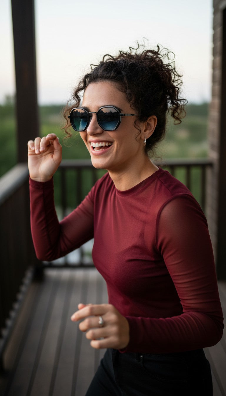 A woman with curly dark hair wearing a fitted burgundy long-sleeve top and black sunglasses, smiling on a wooden deck at dusk.