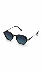 Black geometric sunglasses with dark blue-tinted lenses and thin metal temples, shown on a plain white background.