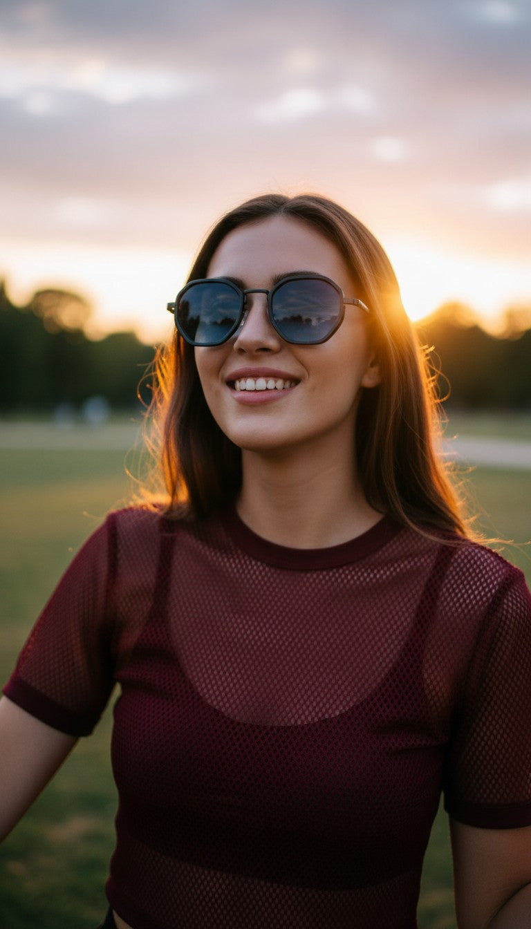 A smiling woman outdoors at sunset wearing round dark sunglasses and a burgundy mesh short-sleeve top, with a blurred grassy field and trees in the background.