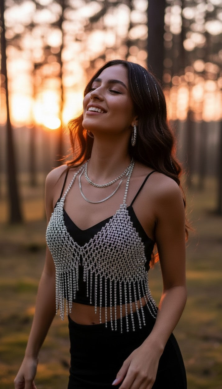 Stardust Veil | Rhinestone Tassel Festival Top
