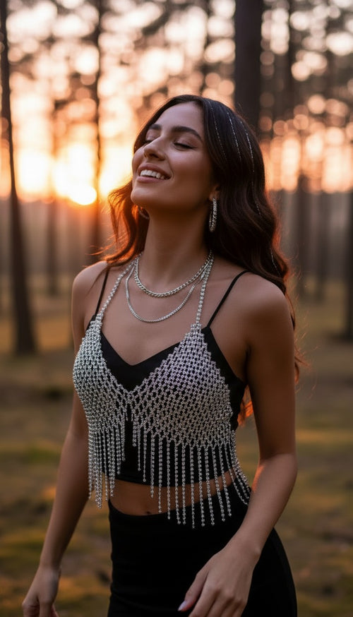 Stardust Veil | Rhinestone Tassel Festival Top